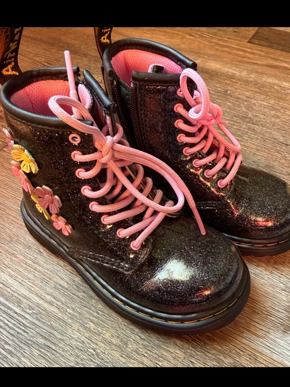Dr. Martens Black Glitter Kids Boots with Pink Laces